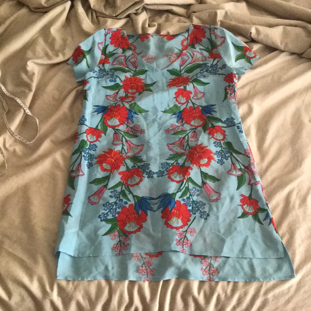 Anthropologie 100% silk blue floral dress EUC